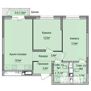 2-к квартира, строящийся дом, 60м2, 17/17 этаж