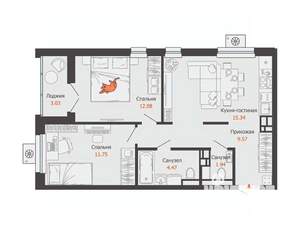 2-к квартира, вторичка, 57м2, 2/16 этаж