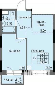 1-к квартира, строящийся дом, 38м2, 2/17 этаж