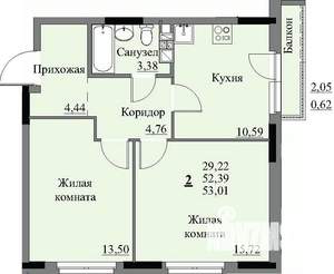 2-к квартира, вторичка, 54м2, 4/17 этаж