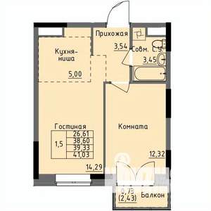 1-к квартира, строящийся дом, 39м2, 14/17 этаж