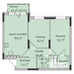 2-к квартира, строящийся дом, 62м2, 13/17 этаж