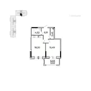 1-к квартира, строящийся дом, 54м2, 14/17 этаж