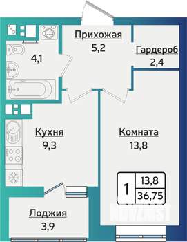 1-к квартира, строящийся дом, 37м2, 6/16 этаж