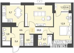 2-к квартира, строящийся дом, 59м2, 10/16 этаж