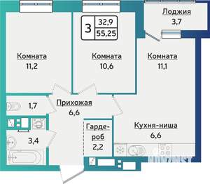 3-к квартира, строящийся дом, 55м2, 7/16 этаж