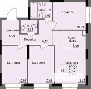 3-к квартира, строящийся дом, 68м2, 1/17 этаж