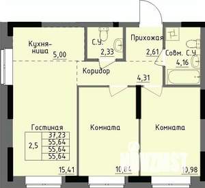 2-к квартира, строящийся дом, 56м2, 1/17 этаж