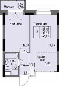 1-к квартира, строящийся дом, 39м2, 6/17 этаж