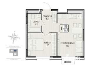 1-к квартира, вторичка, 39м2, 2/9 этаж