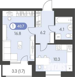 1-к квартира, строящийся дом, 41м2, 3/10 этаж