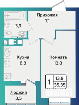 1-к квартира, строящийся дом, 35м2, 6/16 этаж