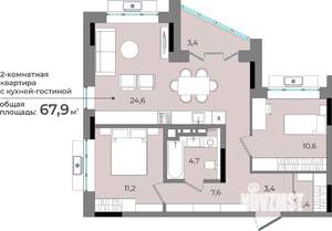 2-к квартира, строящийся дом, 68м2, 11/15 этаж