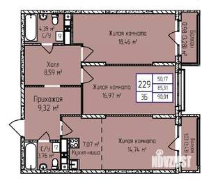 3-к квартира, строящийся дом, 90м2, 16/17 этаж
