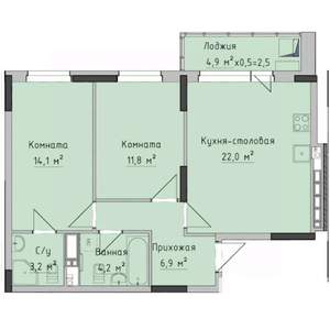 2-к квартира, строящийся дом, 64м2, 14/17 этаж