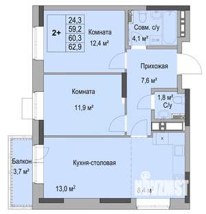 2-к квартира, вторичка, 60м2, 9/17 этаж