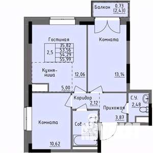 2-к квартира, строящийся дом, 54м2, 12/17 этаж