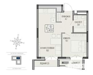 1-к квартира, вторичка, 42м2, 5/9 этаж