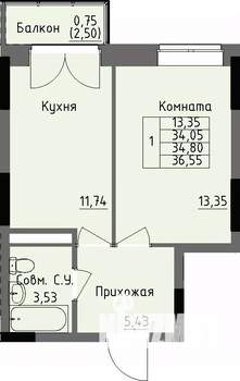 1-к квартира, строящийся дом, 35м2, 7/17 этаж