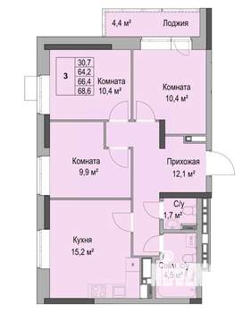 3-к квартира, вторичка, 66м2, 13/17 этаж