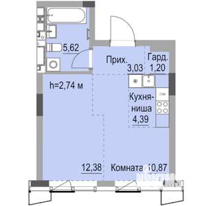 Студия квартира, строящийся дом, 39м2, 8/23 этаж