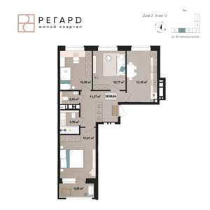 3-к квартира, строящийся дом, 70м2, 12/17 этаж