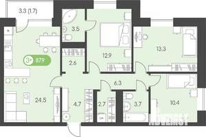 3-к квартира, строящийся дом, 88м2, 7/9 этаж