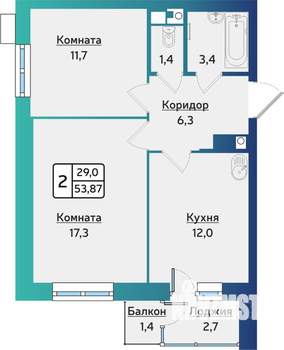 2-к квартира, строящийся дом, 54м2, 16/17 этаж