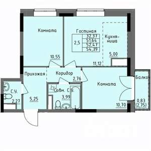 2-к квартира, строящийся дом, 52м2, 15/17 этаж