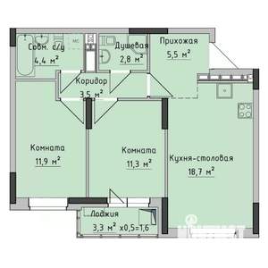 2-к квартира, строящийся дом, 59м2, 16/17 этаж