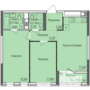 2-к квартира, строящийся дом, 59м2, 8/17 этаж