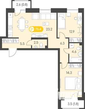 2-к квартира, строящийся дом, 75м2, 2/10 этаж