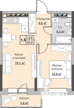 1-к квартира, строящийся дом, 45м2, 18/18 этаж