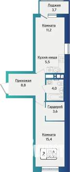 2-к квартира, строящийся дом, 50м2, 12/16 этаж