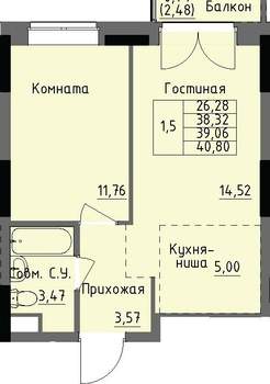 1-к квартира, строящийся дом, 39м2, 5/17 этаж