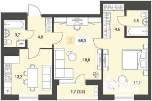 2-к квартира, строящийся дом, 68м2, 1/16 этаж