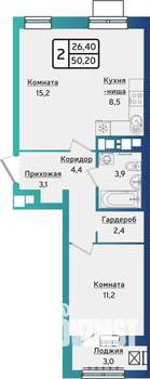 2-к квартира, строящийся дом, 50м2, 9/10 этаж
