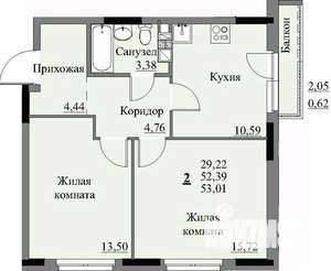 2-к квартира, строящийся дом, 54м2, 8/17 этаж