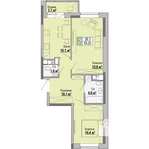 2-к квартира, сданный дом, 55м2, 15/17 этаж