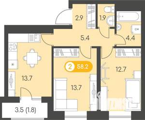 2-к квартира, строящийся дом, 58м2, 10/10 этаж