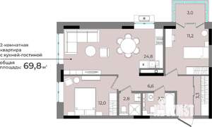 2-к квартира, строящийся дом, 70м2, 9/15 этаж