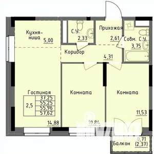 2-к квартира, строящийся дом, 56м2, 15/17 этаж