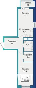 2-к квартира, строящийся дом, 50м2, 14/16 этаж