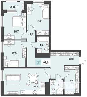 3-к квартира, строящийся дом, 89м2, 2/16 этаж