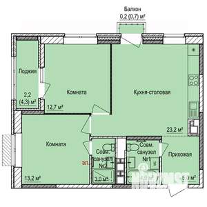 2-к квартира, строящийся дом, 64м2, 16/17 этаж