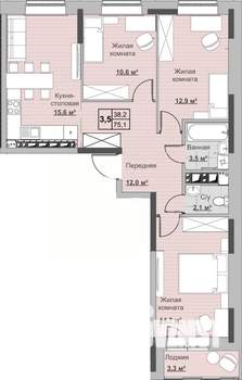 3-к квартира, строящийся дом, 75м2, 10/18 этаж