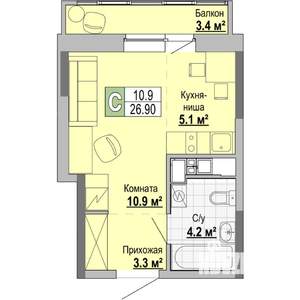 Студия квартира, сданный дом, 27м2, 12/17 этаж