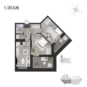 2-к квартира, строящийся дом, 89м2, 1/17 этаж