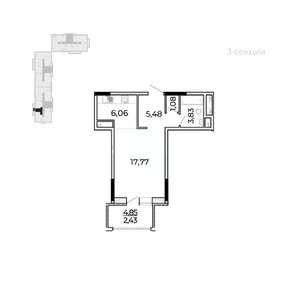 Студия квартира, строящийся дом, 39м2, 7/17 этаж