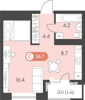 Студия квартира, строящийся дом, 37м2, 9/10 этаж